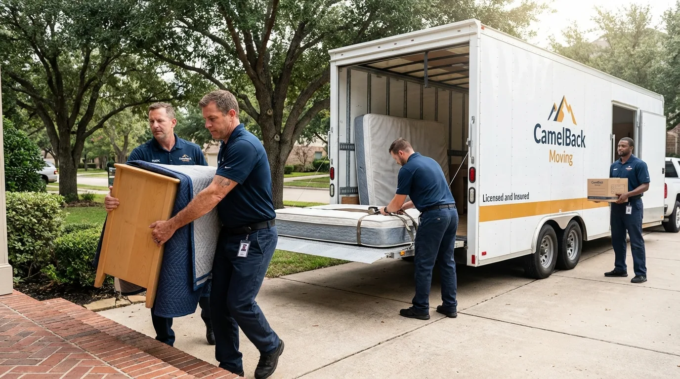 Crew loading residential truck for cross-state move from Surrey, ND