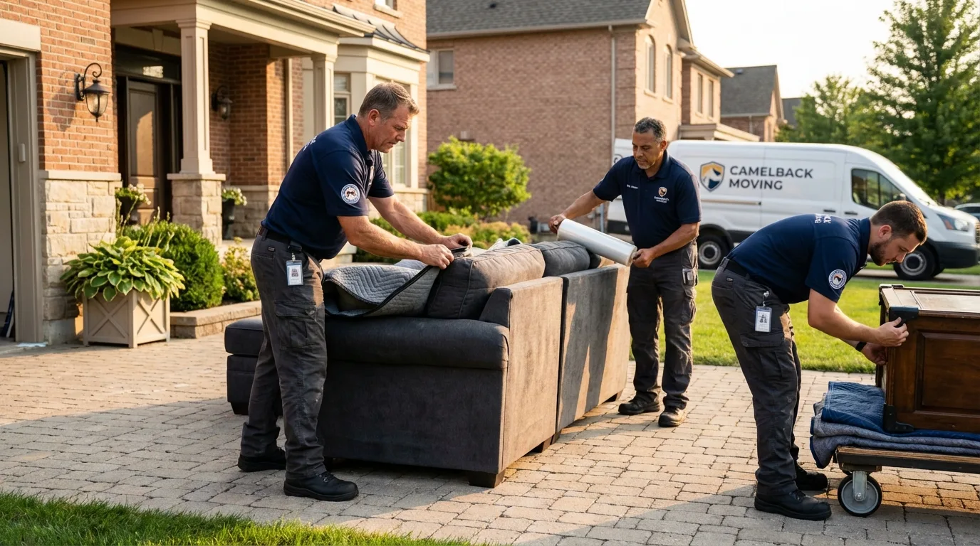 Large estate moving crew wrapping furniture in Surrey, ND