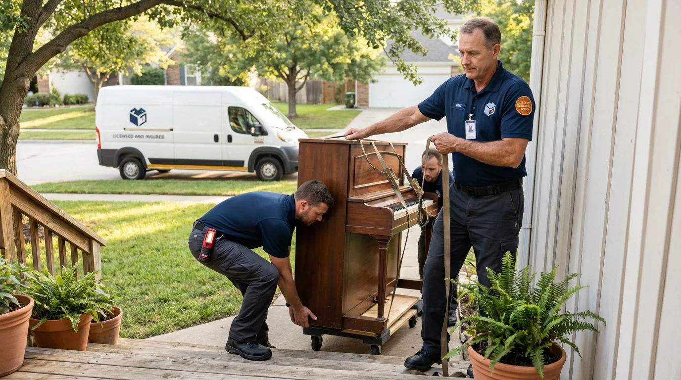 Licensed piano movers securing grand piano in Surrey, ND