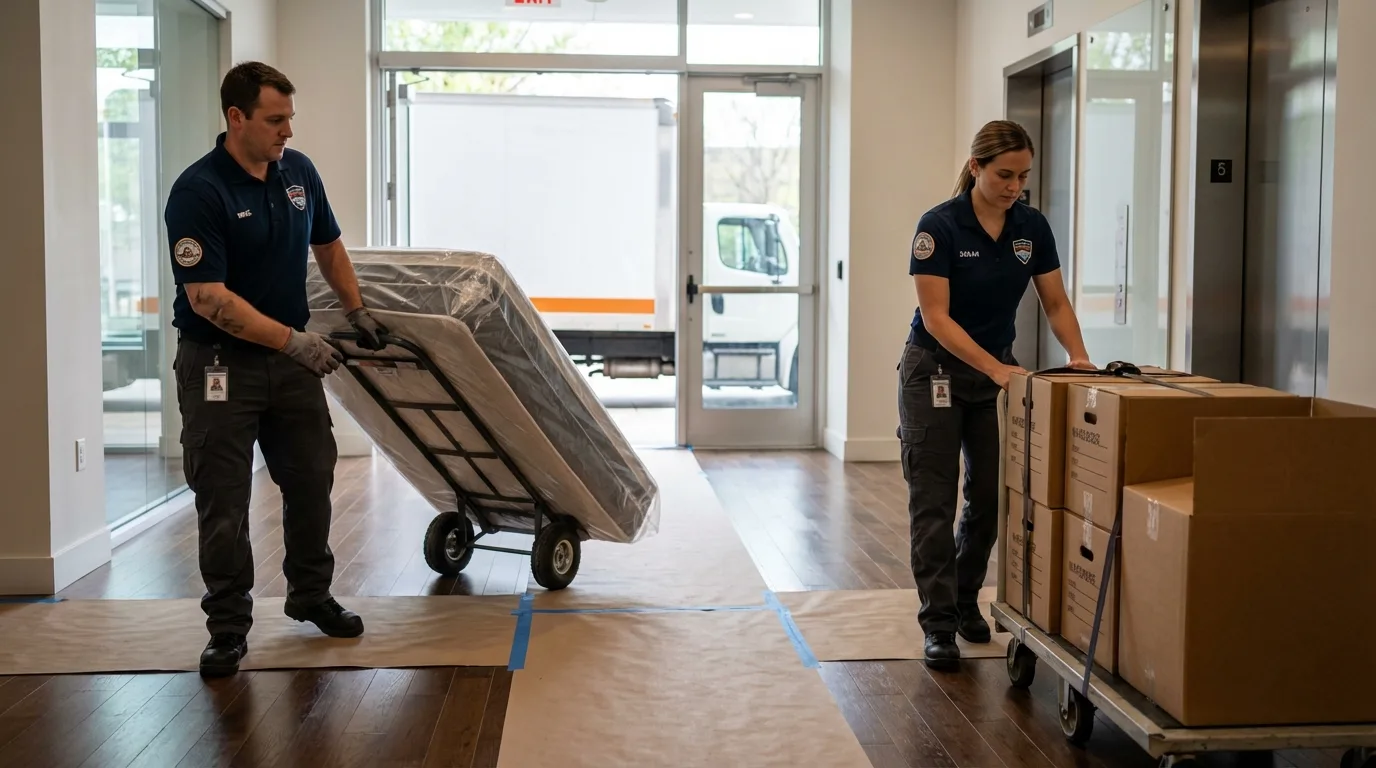 Professional apartment movers loading elevator in Surrey, ND