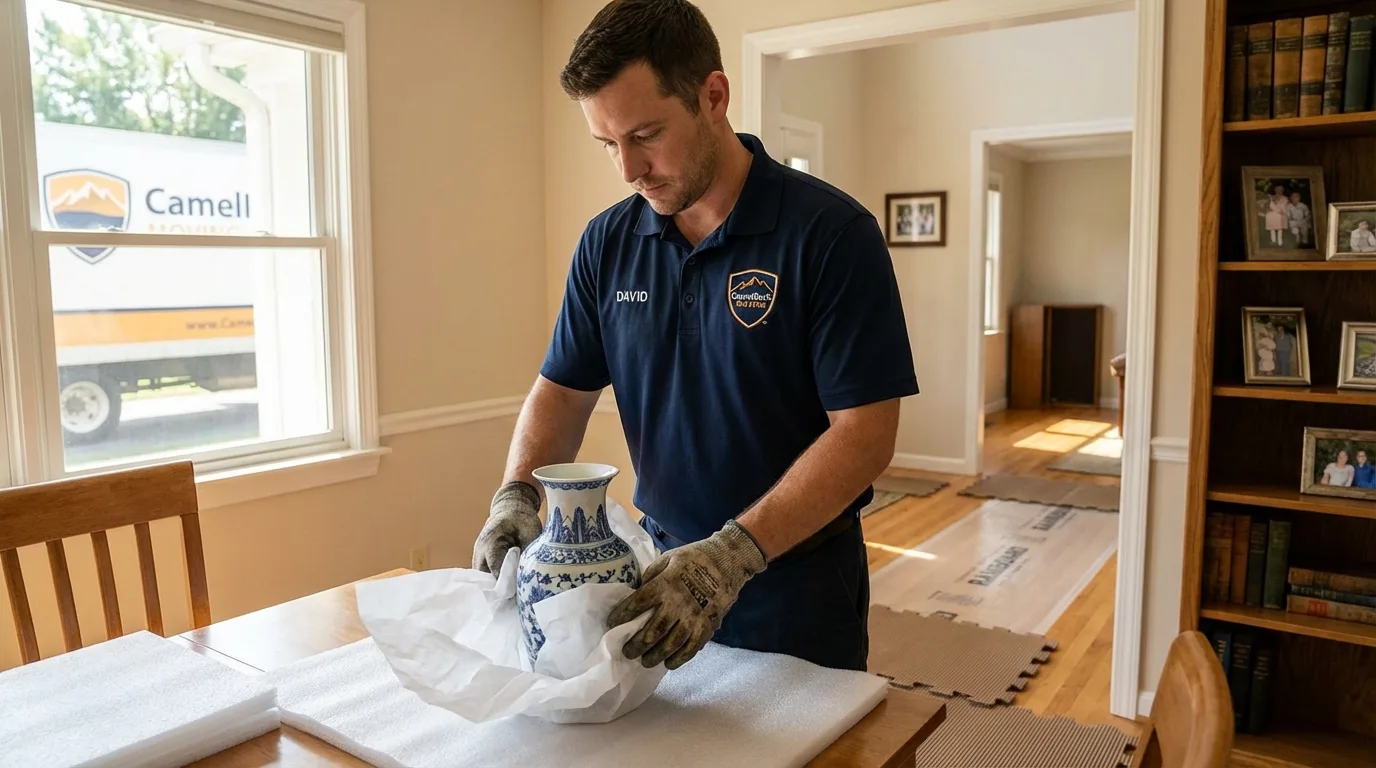 Professional crew carefully wrapping antique vase for senior downsizing move in Surrey, ND